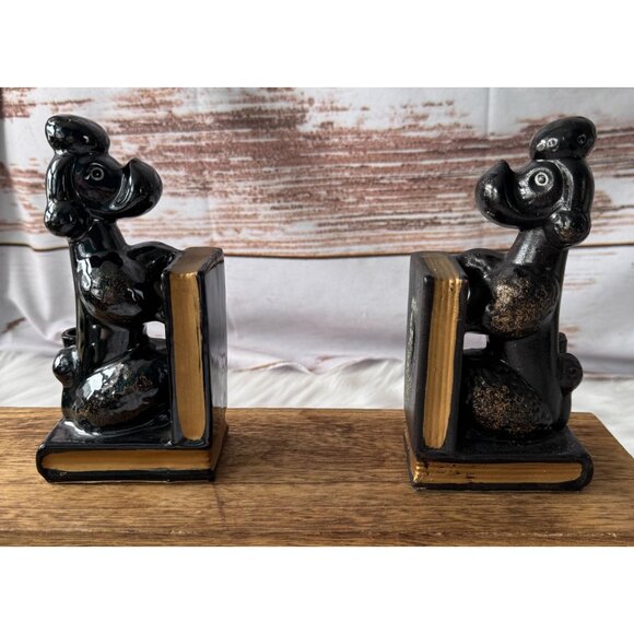 Vintage Pair of Black Ceramic Poodle Bookends With Gold Detailing MCM - Picture 1 of 10